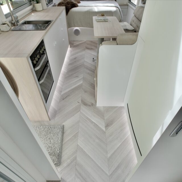 One of the trickiest (and riskiest!) choices in our entire build… the flooring. 
You never really know how it’s going to look until it’s down, but we trusted our gut, took the leap, and we’re so glad we did.

We chose Braga Oak in a herringbone pattern from @signaturefloors_home Savannah Range, and it completely made the feel of the van, adding length, light, and depth.

#tasmantravels #signaturefloors #australis #caravan #interior #vanlife #style #flooring